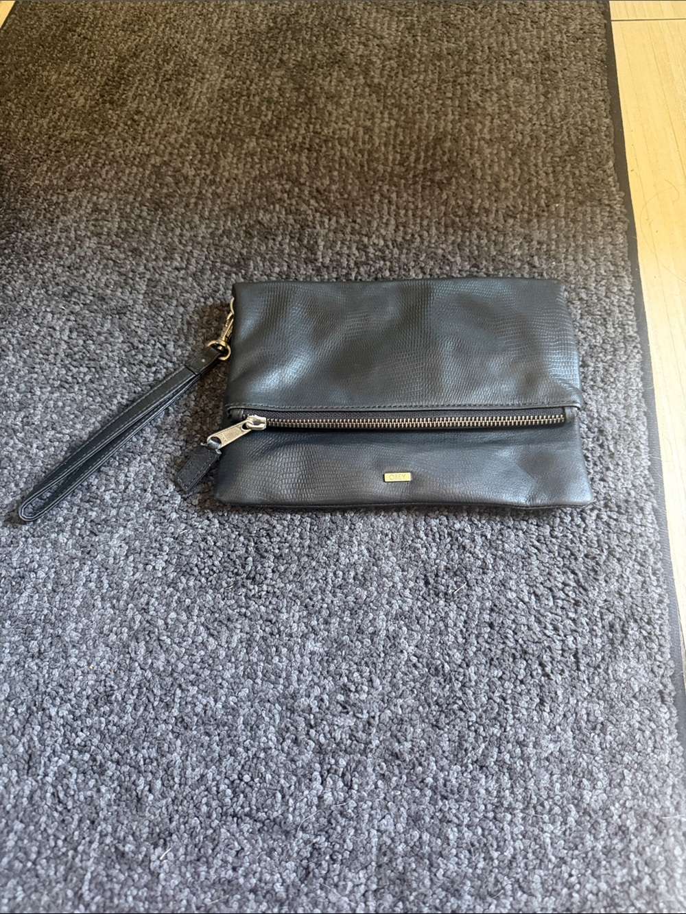 Obey Black Pebble Leather Wristlet Clutch with Front Zip